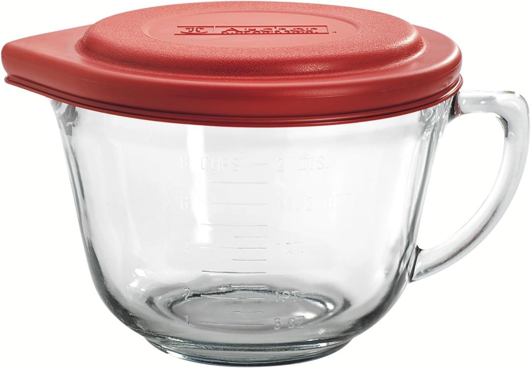 Anchor Hocking Batter Bowl, 2 Quart Glass Mixing Bowl with Red Lid (1 Count)