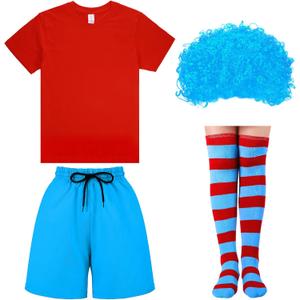 4 Pcs Boys Red and Blue Costume Set, Red T shirt, Lake Blue Pants, Wig, Striped Stocking for Party Cosplay (Classic Color, Size: M)