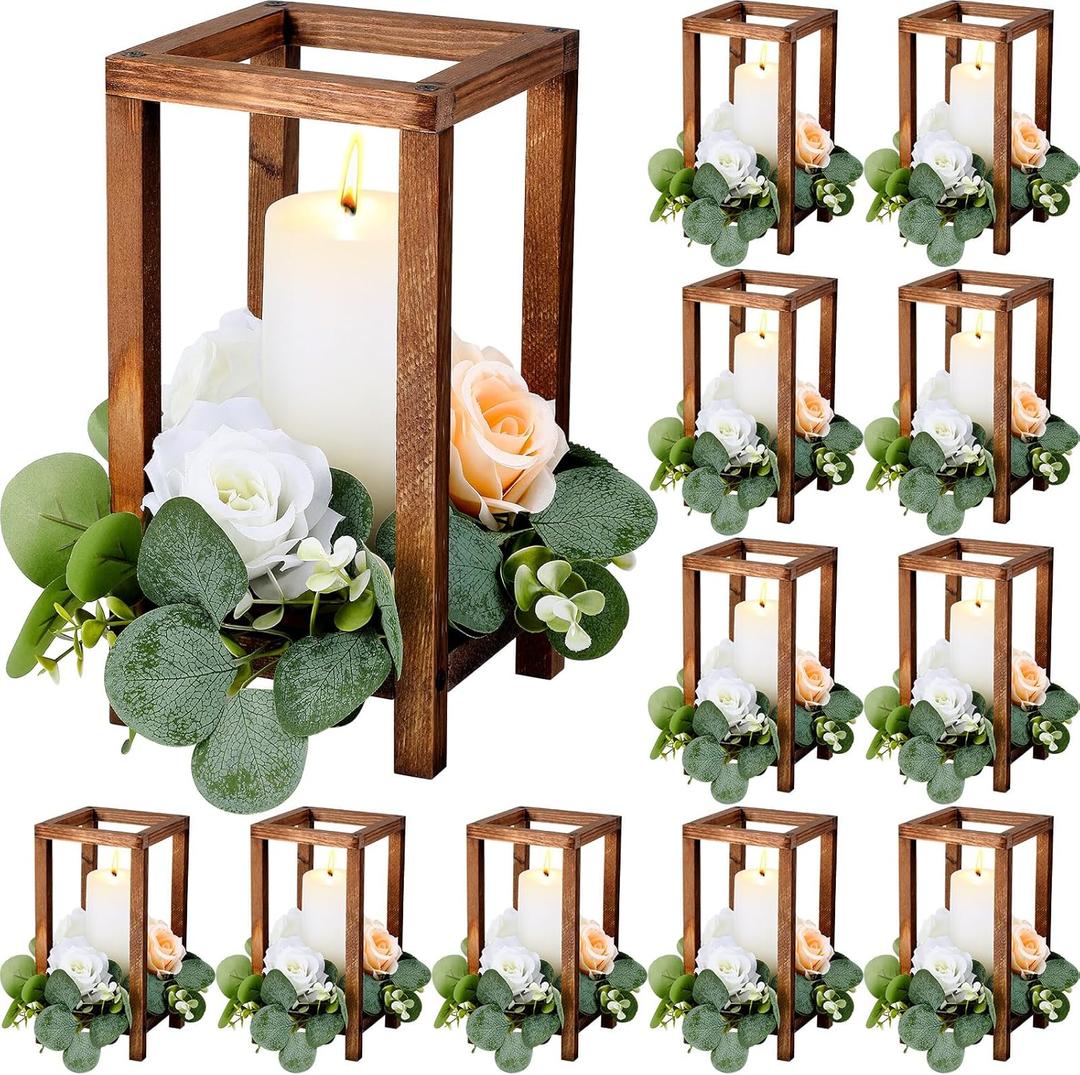Geelin 12 Set Wooden Wedding Lantern Centerpiece Decor Baptism Lantern Candle Holder for Table Centerpiece Wedding Party Baby Shower Home Country Porch Patio Decor(10.59'',Wood Color)