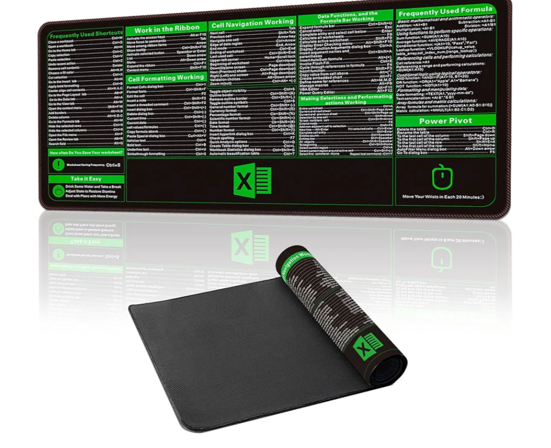 Excel Cheat Sheet Desk Pad, Excel Shortcuts Mousepad, 35.4”x15.7”ExtraLarge Waterproof Stitched Edges and Non Slip Office Desk Mat Keyboard Pad Pack of 2