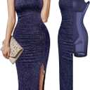 Popilush Shapewear Midi Dress Women's Sparkly Formal Wedding Guest Cocktail Dresses Fall Square Neck Ruched Dress Side Slit (Medium, Blue)