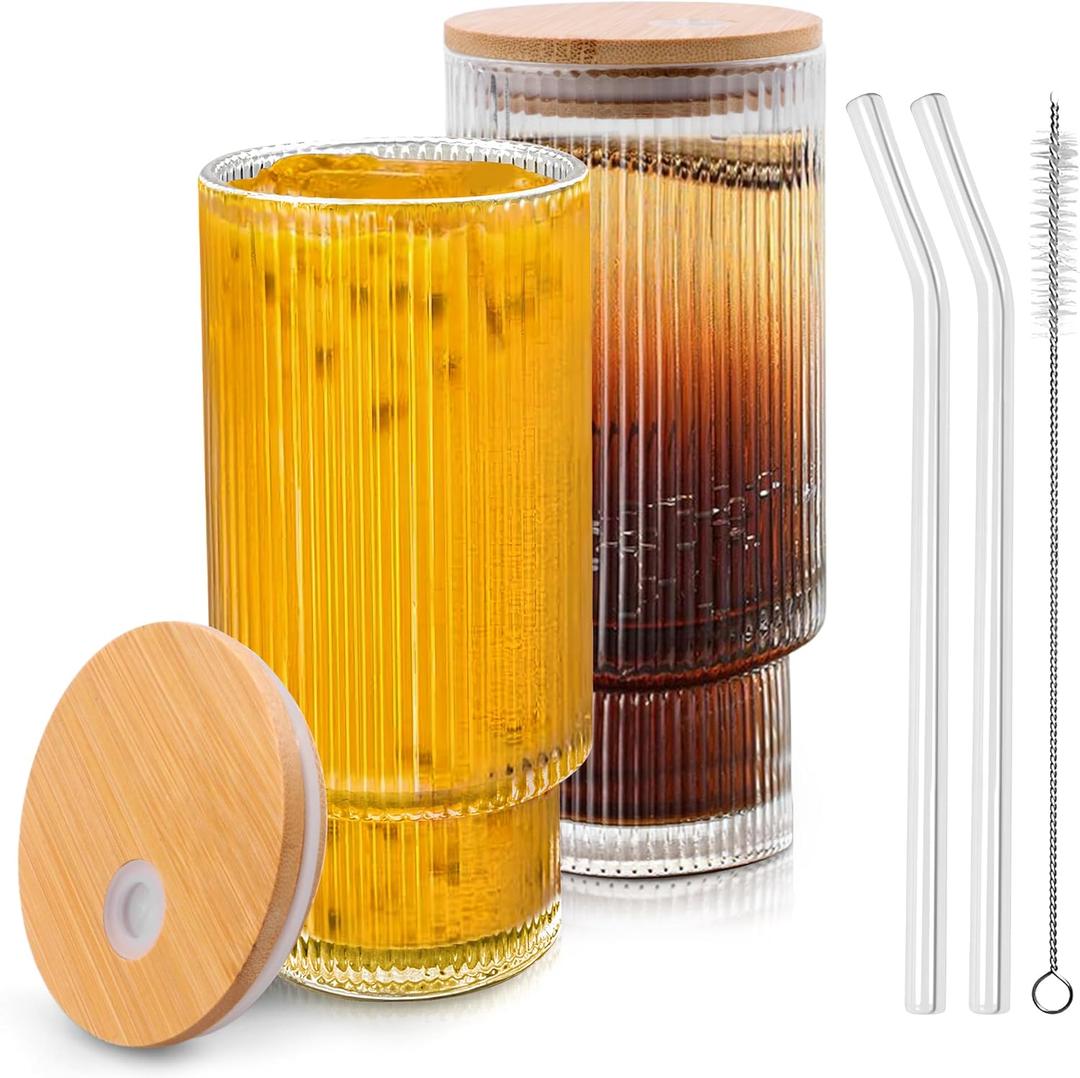 Glass Cups with Lids and Straws Set of 2, 16 oz Non-Slip Glasses Drinking Cups with Leak-Proof Lids, Ideal for Cocktail, Whiskey,Iced Tea(2PACK)