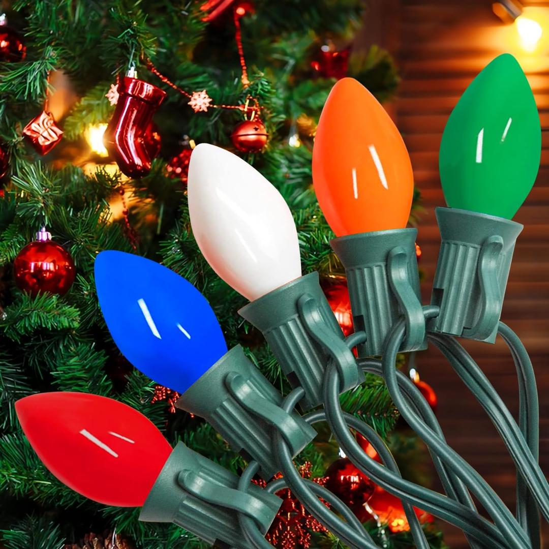 C7 Vintage Christmas Lights Outdoor Multicolor Tree String, 25FT Colorful Indoor Hanging Decorations for House Garden Patio Party (Green Wire)