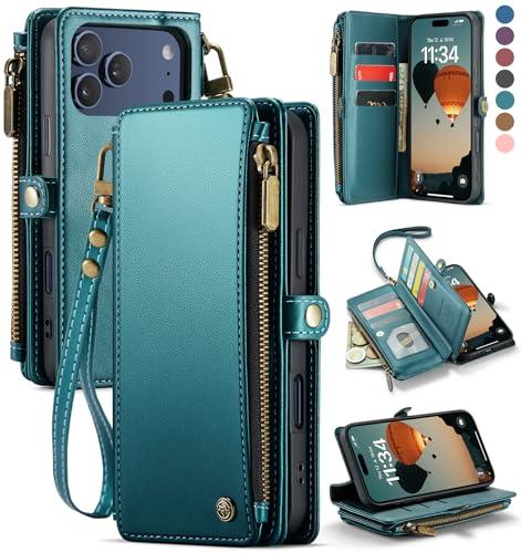 Defencase for iPhone 17 Pro Max Case Wallet with RFID Blocking Card Holder for Women Men, Fashion PU Leather Magnetic Snap Flip Zipper Strap Wallet Phone Case for iPhone 17 Pro Max 6.9", Blue Green