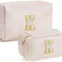 HBselect 2 Pack Cute Personalized Initial Preppy Makeup Bags for Teen Girls Friends, Monogrammed Cosmetic Bags Set for Women Bride, Pu Leather Waterproof Make Up Bag White K Letter