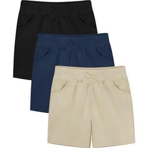 Resinta 3 Pack Girls School Uniform Bermuda Shorts Pull-on Chino Elastic Waist Summer Soft Play Shorts with Pockets 11-12Y
