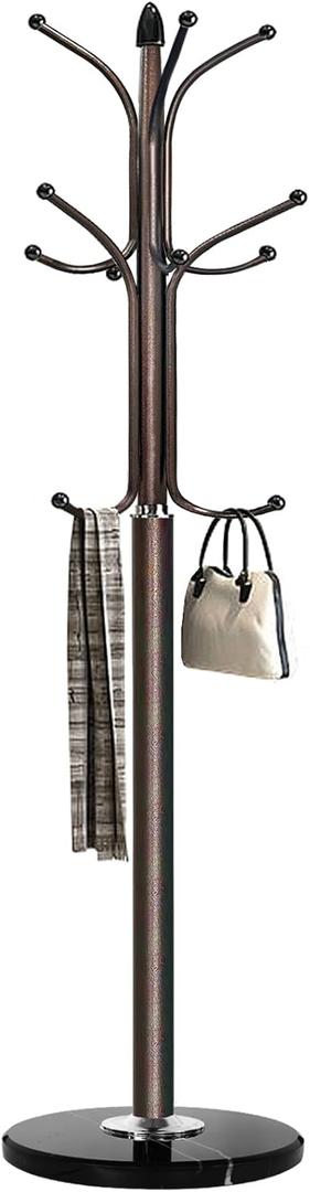 Kertnic Metal Coat Rack Stand with Natural Marble Base, Free Standing Hall Tree with 12 Hooks for Hanging Scarf, Bag, Jacket, Home Entry-way Hat Hanger Organizer (Bronze)