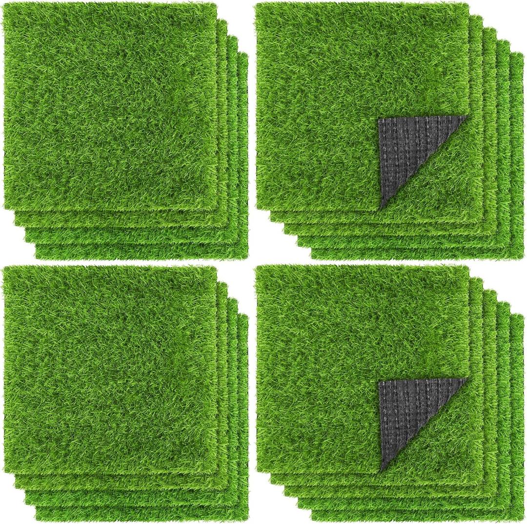 TURSTIN 18 Pieces Artificial Grass Mat 12 x 12 Inch Synthetic Grass Square Mats Indoor Outdoor Patio Flooring Fake Turf Patch Tiles Realistic Grass Rug for DIY Crafts Miniature Garden, Grass Green