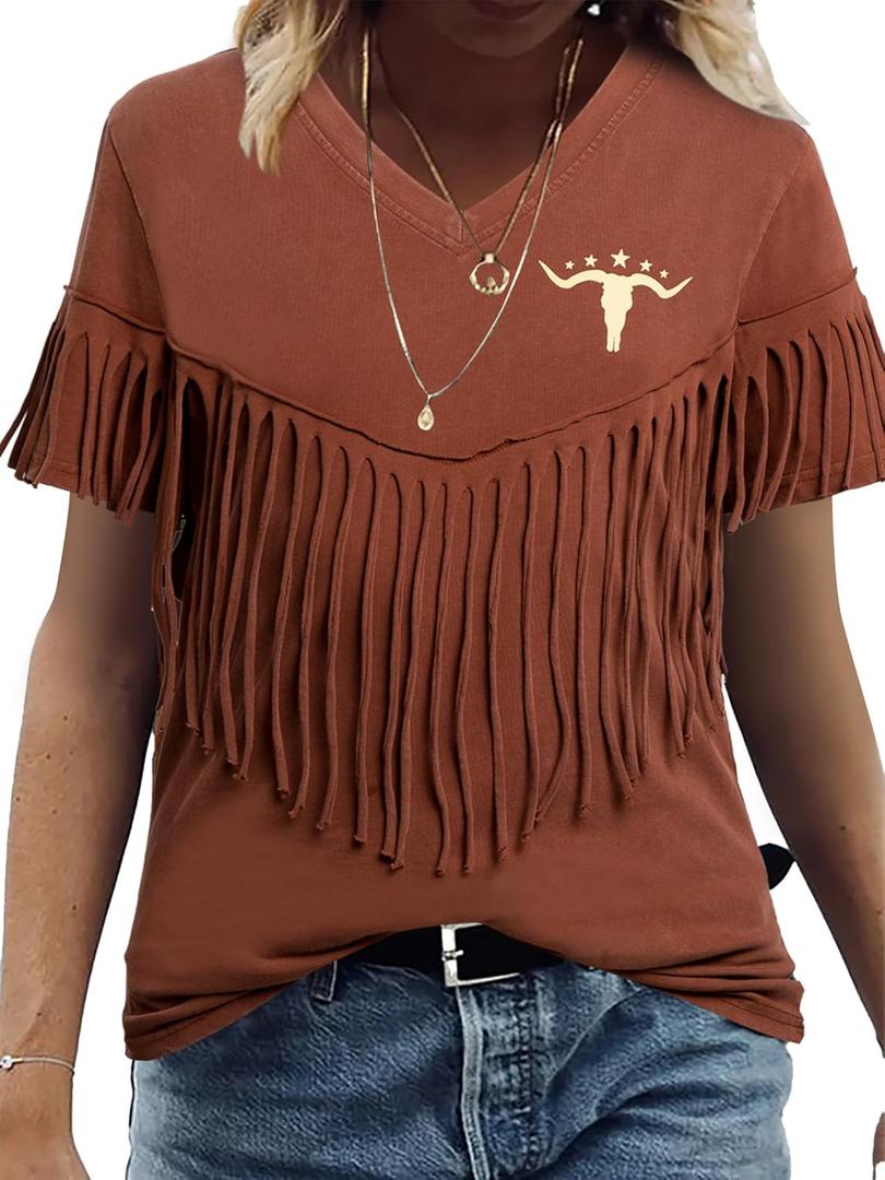 Western Vintage Shirt Cowgirl Outfit: Women Fringe Graphic Tees Rodeo Short Sleeve Tshirt Summer Vacation V Neck Tops (X-Large, Vintage Brown)