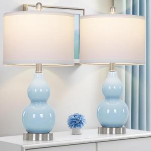22" Double Gourd Ceramic Table Lamps Set of 2, Blue Modern Bedside Lamps for Living Room, Contemporary Nightstand Desk Lamps for Bedroom End Table Home Office Study Room Decor(2 LED Bulbs Included)