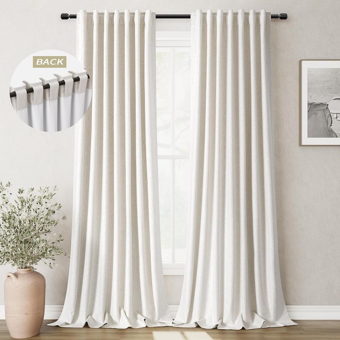 Room Darkening Curtains Cream Blackout Curtains 96 Inches Long 2 Panel Set Back Tab Neutral Natural Linen Black Out Curtain for Sliding Door Modern Farmhouse Bedroom Living Room Drapes Soundproof, Size: 52"W x 96"L