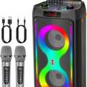 Karaoke Machine, Portable Bluetooth Speaker with 2 Wireless Microphones, PA System with Disco Lights for Big Party, Outdoor, Supports USB/TF/REC/AUX, Ideal Gifts for Family, Music Lover