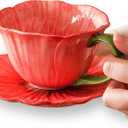 Coral Red Ceramic Flower Coffee Cup with Saucer, 10 Oz, Peony Floral Design, Dishwasher Safe, for Coffee, Tea, Dessert