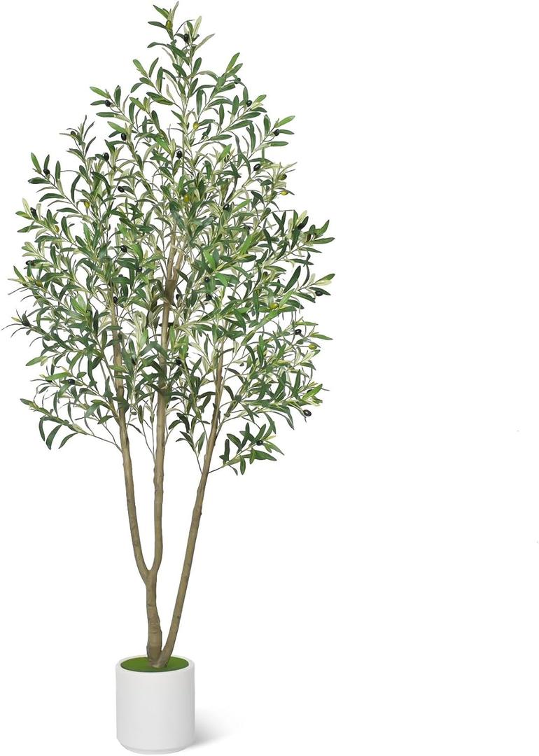 Timoo Faux Olive Tree 7FT Tall Olive Trees Artificial Indoor with White Tall Planter, Artificial Plants Indoor Faux Tree with Realistic Leaves and Fruits, Fake Plant for Home Office Decor