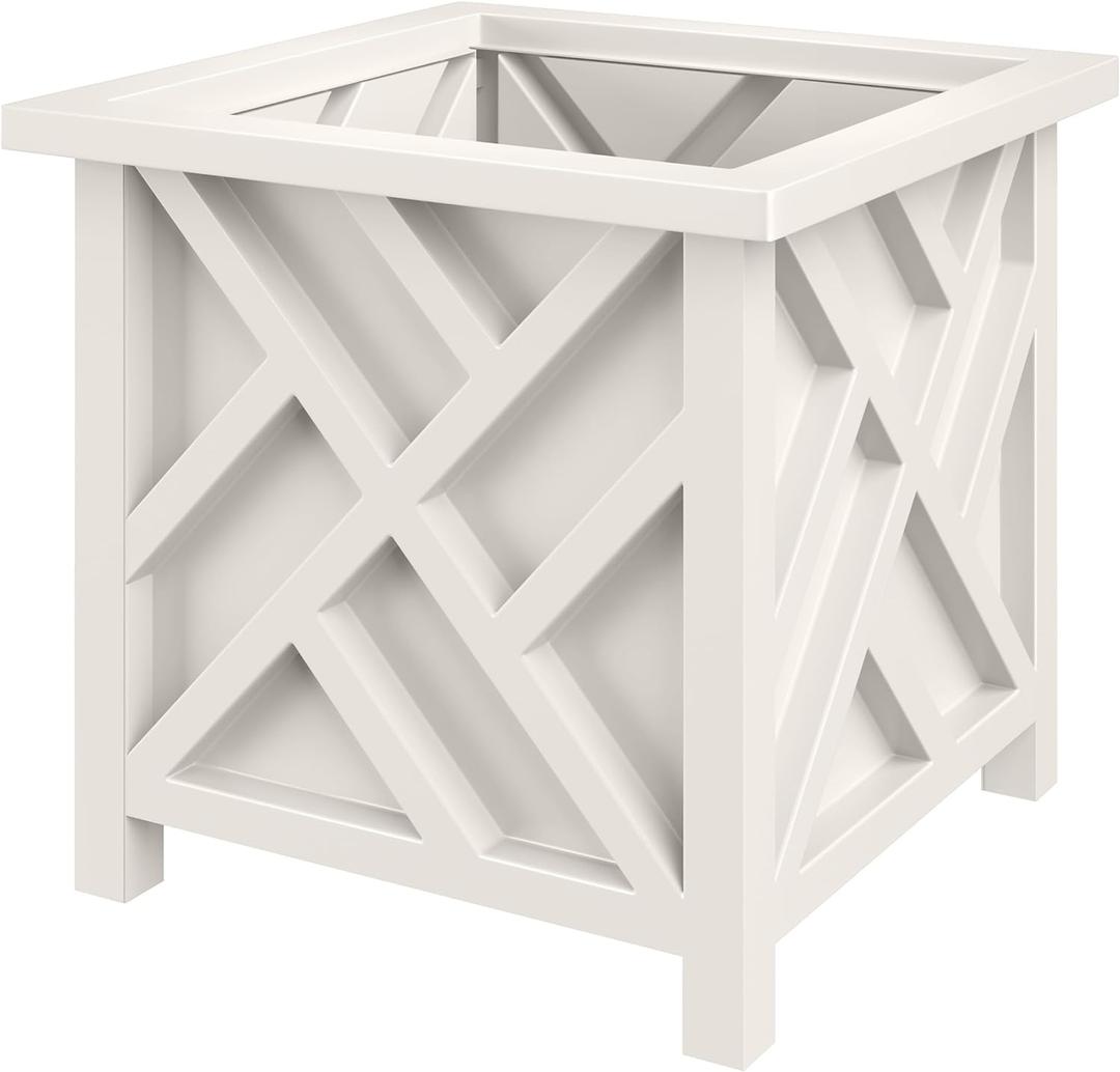 Pure Garden Lattice Design Planter Box - 15.5-Inch-Square Decorative Outdoor Flower or Plant Pot - Front Porch, Patio, and Garden Decor (White)