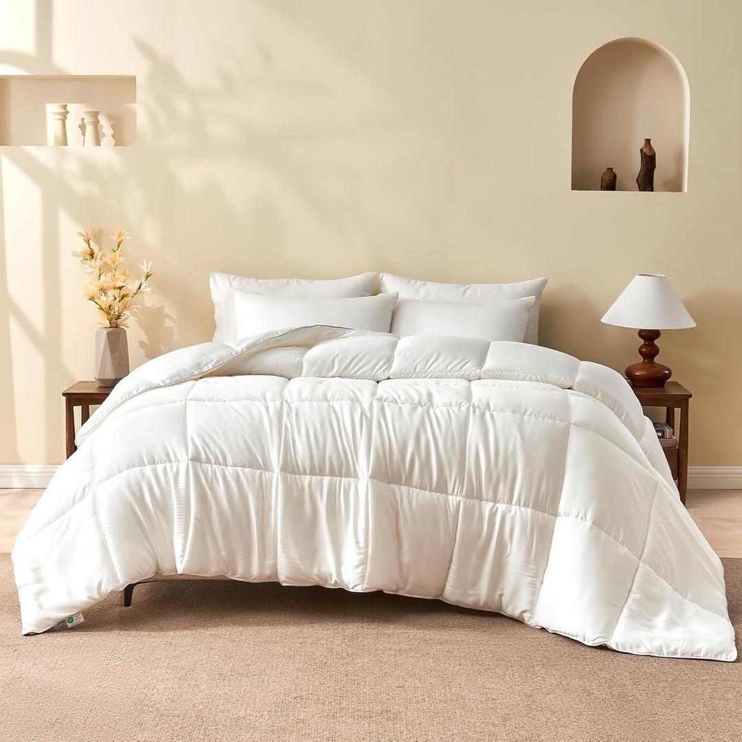 BPC 100% Rayon Derived from Bamboo Silk Blend Comforter King Size, ClimaSilk Ultra-Soft Down-Alternative Duvet Insert for All Seasons with Corner Tabs, Medium Warmth, White, 106x90 Inches