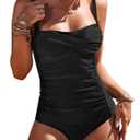 Ekouaer Women's One Piece Swimsuit Ruched Tummy Control Bathing Suits Vintage Retro Push Up Swimwear (X-Large, Black)