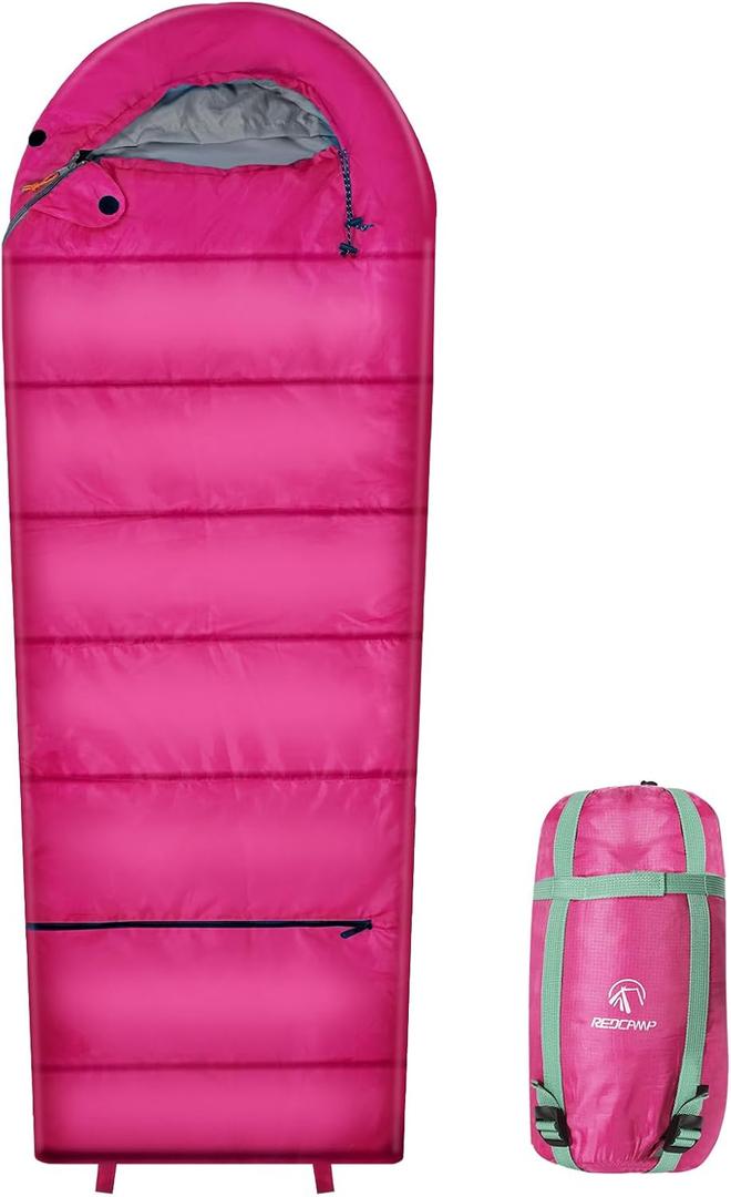 REDCAMP Kids Mummy Ultra Lightweight Sleeping Bag for Backpacking, Comfort for Warm Weather, with Compression Sack (Pink)