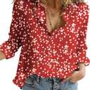 Dokotoo Women's Casual V Neck Alicia Floral Print Roll Up Long Sleeve Chiffon Button Down Blouses Bohemian Top Shirts (Red, M)