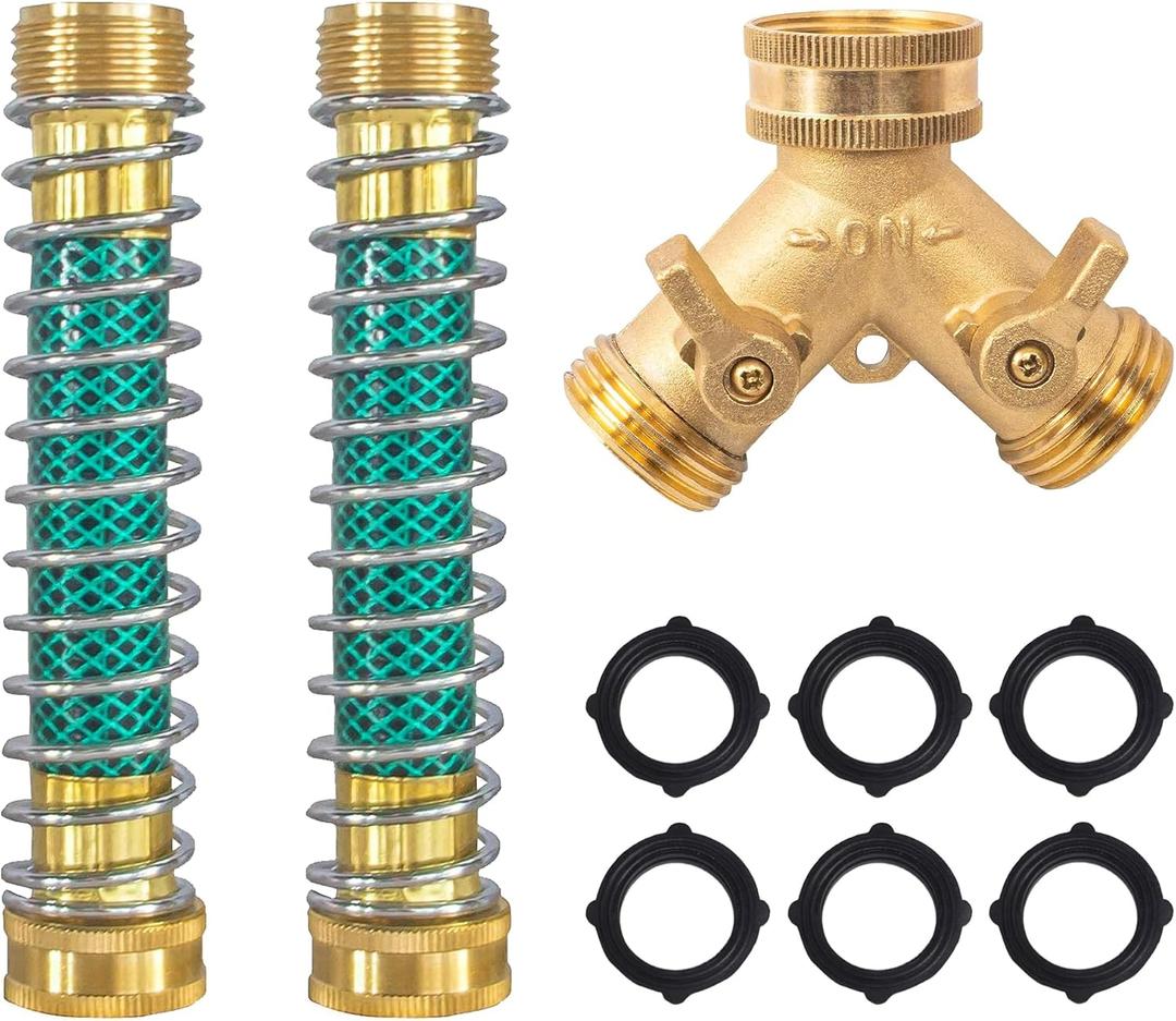 Hourleey 2 Way Hose Splitter, 3/4" Brass Hose Y Splitter with 2 PCS Garden Hose Extension Hose Coiled Spring Protectors and 6 Rubber Washers