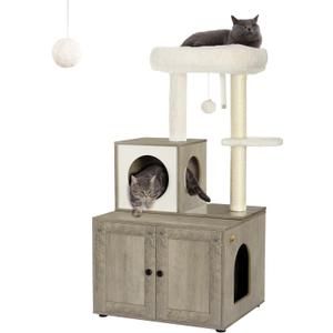 FourFurPets Multipurpose Litter Box Enclosure, Cat Tree and Condo, Side Table, with Large Platform, Cat House, Full Sisal Posts, Removable Washable Cushion, Greige (23.6"L x 19.5"W x 44.9"H)