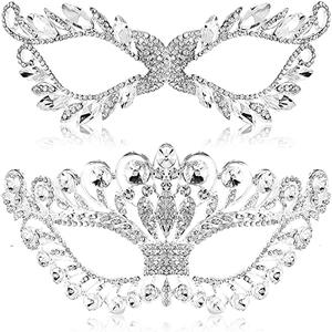 Jecery 2 Pieces Masquerade Mask Rhinestone Fancy Crystal Mask Venetian Party Prom Crown for Women Costume(Elegant Style)
