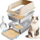 23.6"x16"x12" Stainless Steel Sifting Litter Box with Lid, XL Sifting Litter Box for Pine Pellets Less Tracking, High Sides Metal Litter Tray with Removable Drawer Pan, Anti-Leakage, Easy Cleaning