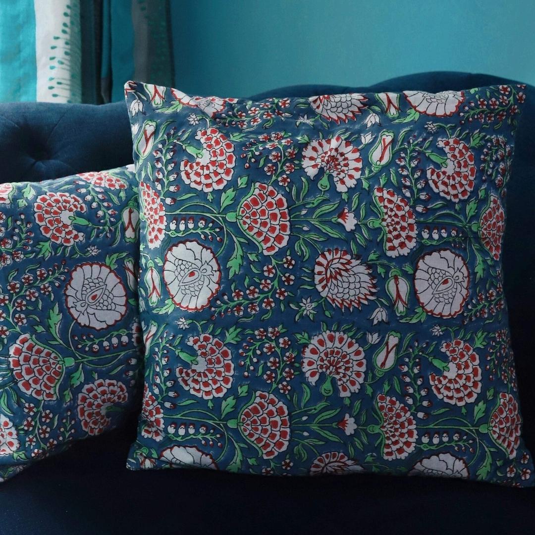 Blue Pomegranate Cushion Cover, Floral Printed Cushion, Pillow Cover, 20 x 20 Inches, Set of 2