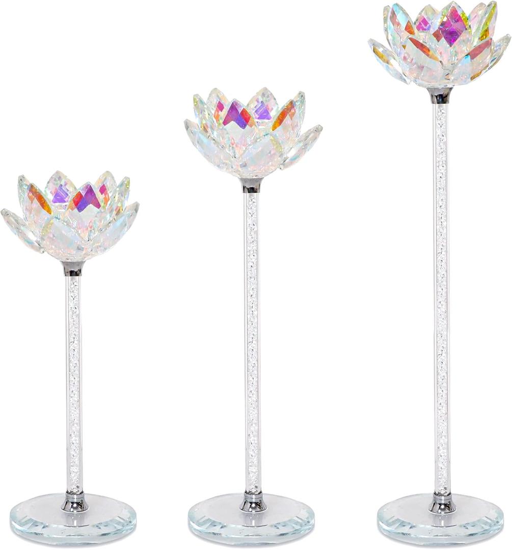 Tall Candle Candlestick Holders Set of 3 Lotus Flower Glitter Broken Glass Taper Candle Holder Centerpiece Dining Table Wedding Festive Fireplace Vintage Room Decor Housewarming Gift