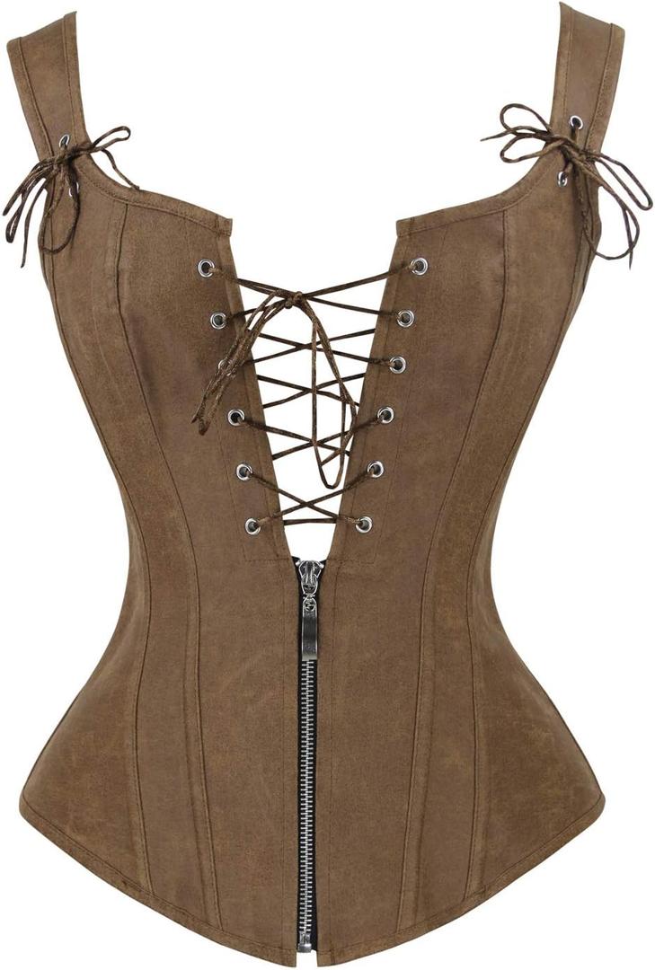 Charmian Women's Renaissance Lace Up Vintage Boned Bustier Corset with Garters (5X-Large, Brown)