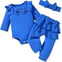 Aalizzwell Preemie Newborn Infant Baby Girls Clothes Ribbed Bodysuit Pants Set Fall Winter Outfits (Royal Blue)