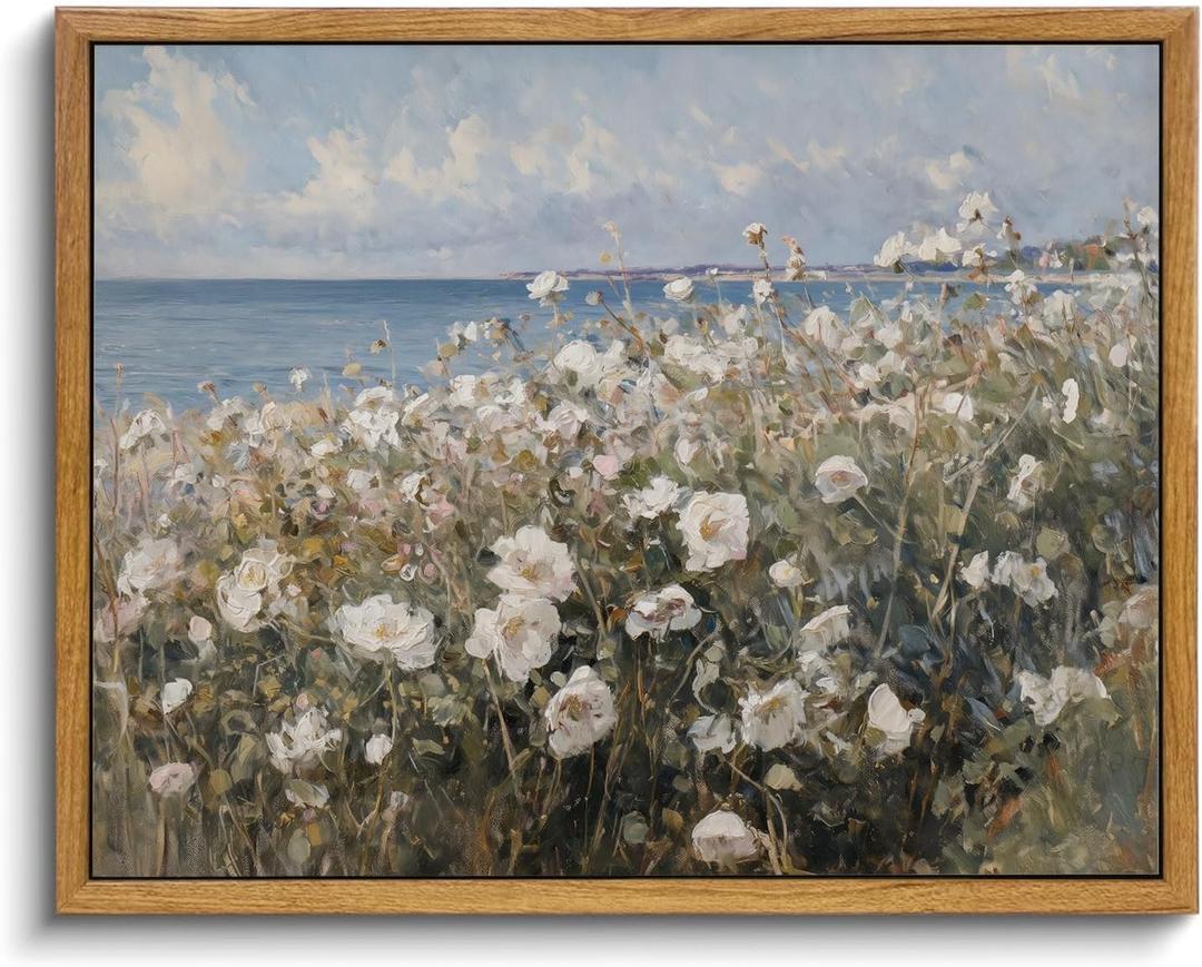 KISSFOX Framed Wall Art Vintage Wall Decor Coastal Pictures Flower Canvas Art Roses Floral Paintings Summer Aesthetic Artwork For Bedroom Living Room Kitchen (8x10 in)