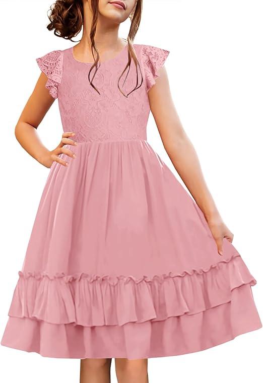 HOSIKA Girls Lace Flower Boho Ruffle Sleeve A-Line Tiered Summer Dress for Wedding Party with Pockets, Pink, 8-9 