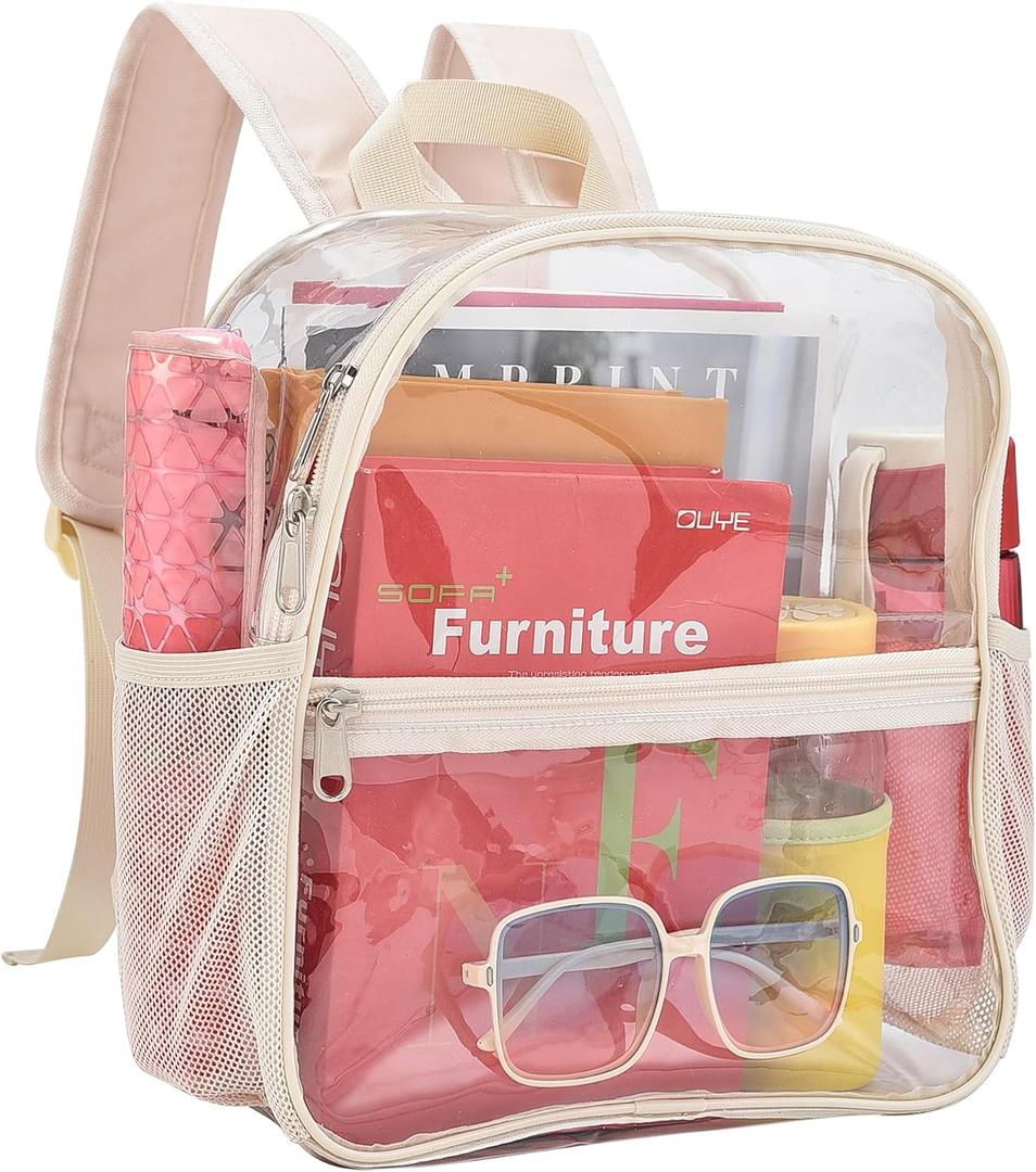 Busiuw Clear Backpack for Stadium Events 12x12x6 Mini SmallSports Fan Backpacks with Front Pocket for Concert Sport Events Work Travel(Cream)