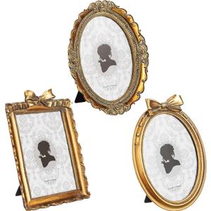 Vicenpal 3 Pcs Tiny Picture Ornate Frames 5 x 7 Inch Small Vintage Oval Picture Frames Gold Vintage Baroque Ornate Antique Resin Frame Table Top Display Frame for Home Wedding Decor (Brown)