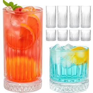 Ruckae Drinking Glasses Set of 8.15 oz and 7 oz Kitchen Water Glass Cups Set, Clear Ribbed Glassware Dishwasher Safe, Mixed Drinkware for Beer, Juice, Cocktail, Whiskey, Milk and Various Mixed Drinks (Slim-waisted)