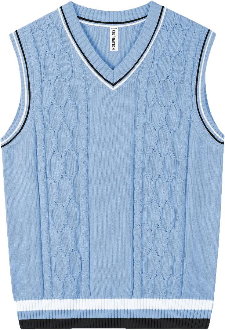 Kid Nation Boys Sweater Vest 100% Cotton School Uniform Vest for Girls Boy Toddler Kids Knit Vest (7-8 Years, Light Blue)