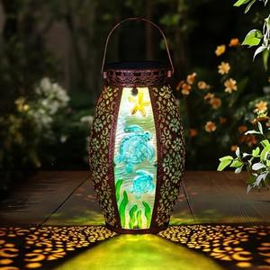 Outdoor Solar Lantern-Waterproof Turtles Hanging Metal Decorative Lights for Patio Table Garden Pathway Yard with Super Bright Warm White LED,Large Solar Panels