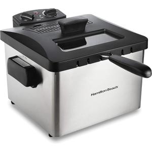 Hamilton Beach Electric Deep Fryer with Basket and Lid, 4.5 Liters / 19 Cups Oil Capacity, Temperature Control, View Window, Professional Style, 1800 Watts, Stainless Steel (35035A) (One XL Frying Basket, Stainless Steel)