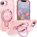 DOMAVER Magnetic Case for iPhone 16e 2025 with Stand [Compatible with Mag Safe], Glitter Translucent Slim Back Shockproof Protective Soft Cover with Bling Kickstand for iPhone 16e- Pink