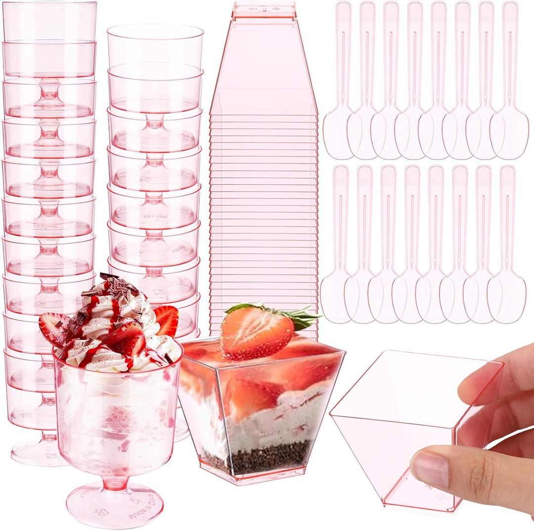 100 Pack Dessert Cups with Spoons 2oz Clear Plastic Dessert Parfait Cup Mini Square Shot Glasses Round Goblet Shooters Plastic Spoons for Fruit Ice Cream Cake Party Supplies (Pink)