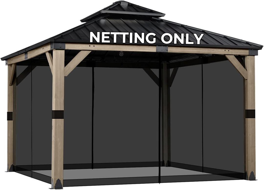 COWVIE Gazebo Replacement Mesh Netting, Durable Polyester Screen - 10'x12' Size, 4-Panel Sidewalls with Double Zippers for Patio & Outdoor (Netting Only)
