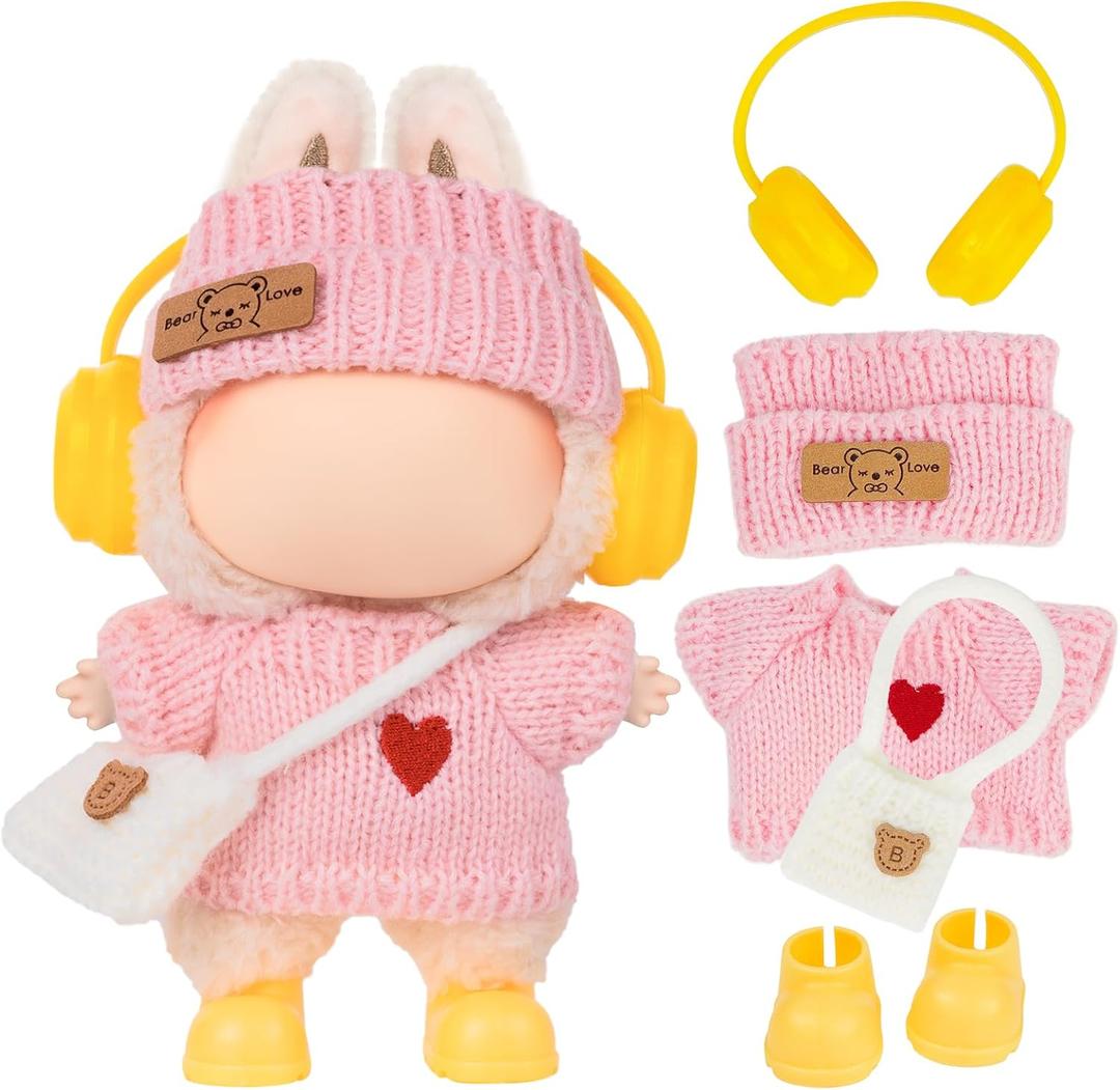 Clothes for LABUBU Doll (NO Doll) - Pink Knit 5-Piece Outfit 17cm Doll Clothes Accessories with Mini Hat, Ear Muffs, Shoes, Bag for 6.7 Inch Dolls Doll Clothing
