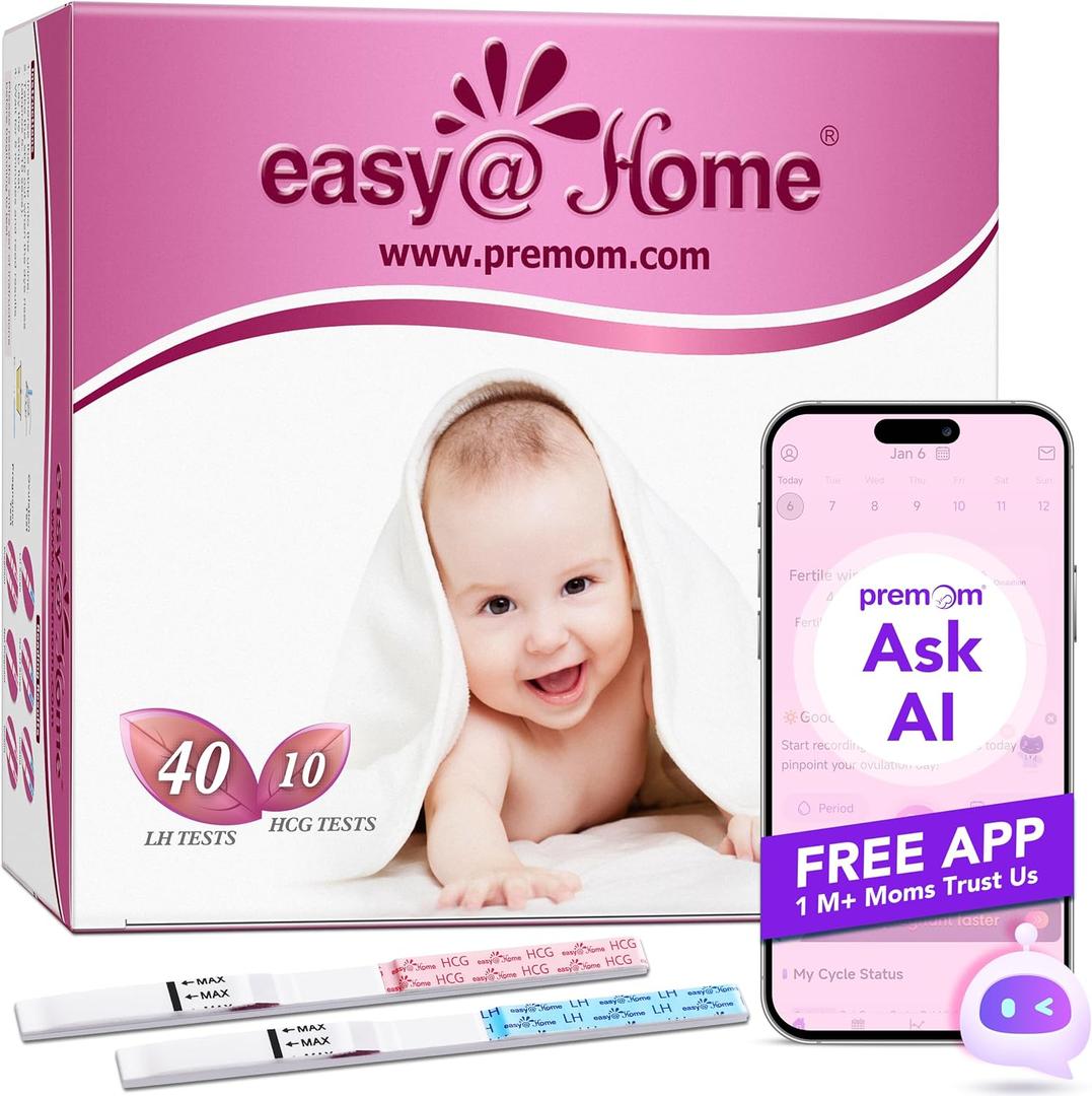 Easy@Home Ovulation Test Strips Powered by Premom Ovulation Predictor APP, FSA Eligible, 40 Ovulation Test and 10 Pregnancy Test Strips, 40LH +10HCG | Package May Vary