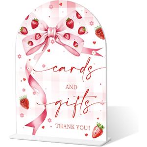Strawberry Bow Cards and Gifts Sign, Wedding Favor Sign, Bridal Shower Signs Welcome, Bridal Shower Centerpieces for Tables, Engagement Party Decorations, 6" X 8" Wedding Acrylic Plaque, 13