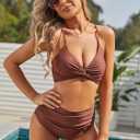 ZAFUL Twist High Waisted Bikini for Women Cross Lace Up Bathing Suit Ruched Bikini Swimsuits Tummy Control Swimwear (Brown, M)