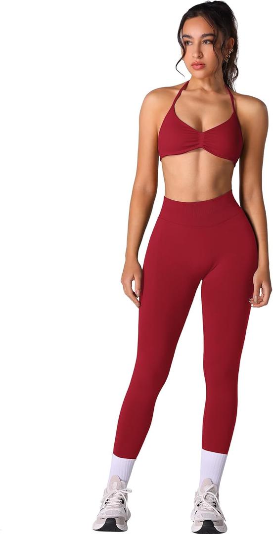 ABOCIW Workout Sets for Women 2 Piece Seamless Halter Sports Bra Scrunch Butt High Waist Leggings Gym Yoga Outfits (Red, S)