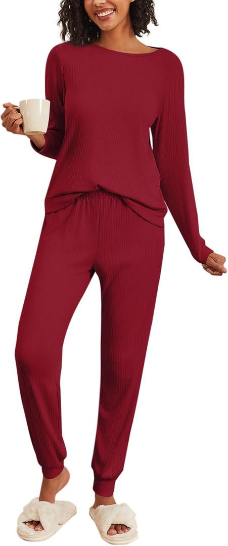 Ekouaer Womens Ribbed Knit Pajama Sets 2 Piece Jogger Pjs Long Sleeve Sleepwear Round Neck Soft Lounge Sets with Pockets (X-Large, Wine Red)