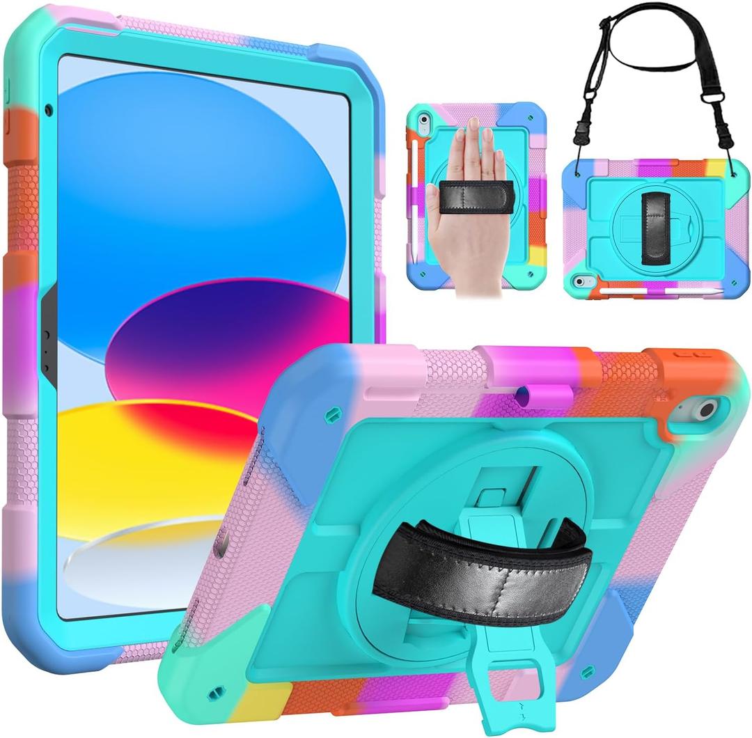 LTROP Case for iPad (A16) 11th Generation 11 Inch 2025/ 10th Generation 10.9 Inch 2022, Strong Protective Shockproof Cover with Rotating Kickstand Shoulder Hand Strap Stylus Holder, Colorful Turquoise