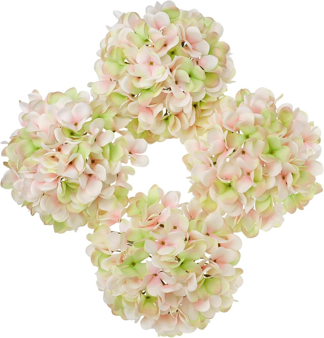 Hollyone Pink Green Silk Hydrangea Artificial Flowers Heads 7.4inch Large Fake Hydrangea 4Pcs Full Faux Flowers with Stems for Wedding Party Table Centerpieces Flower Arrangement Home Decor
